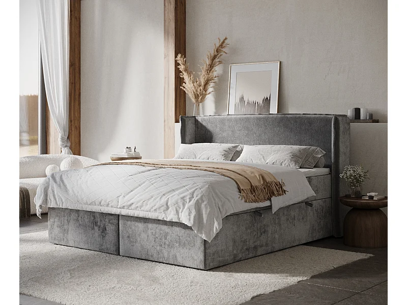 Lit boxspring en tissu chenille Skyline - matelas - surmatelas - 160x200 cm - gris