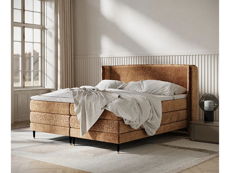 Lit boxspring en tissu chenille Carizzo - matelas - surmatelas - 140x200 cm - couleur cuivre