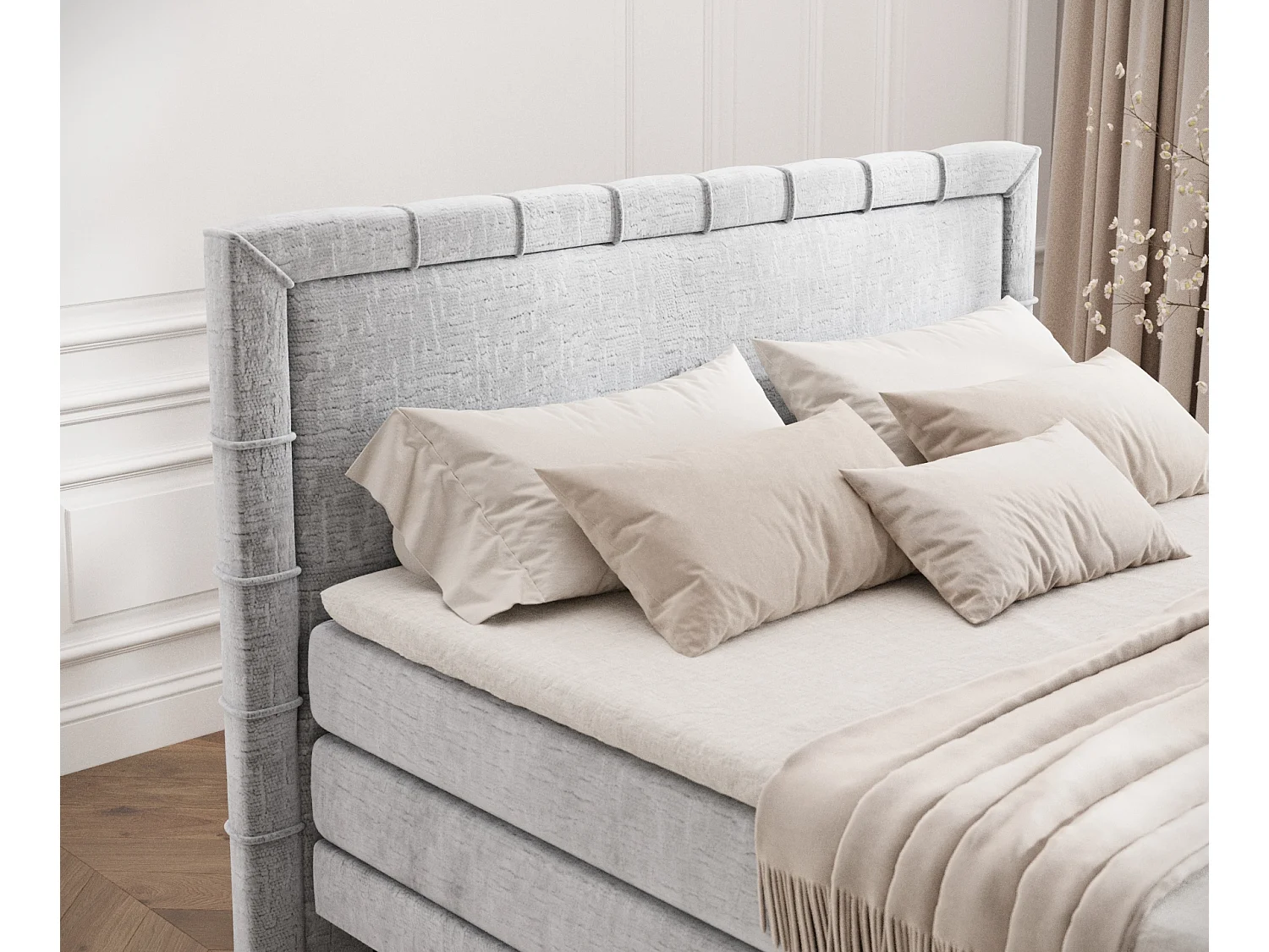 Lit boxspring en tissu chenille Rimini - matelas - surmatelas - 140x200 cm - gris clair