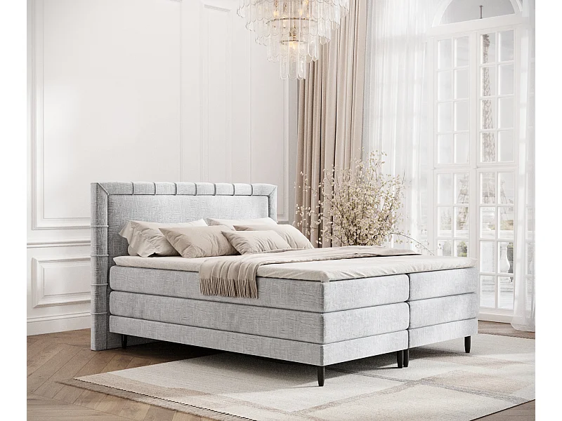 Łóżko boxspring w tkaninie szenilowej Rimini - materac - topper - 140x200 cm - jasnoszary
