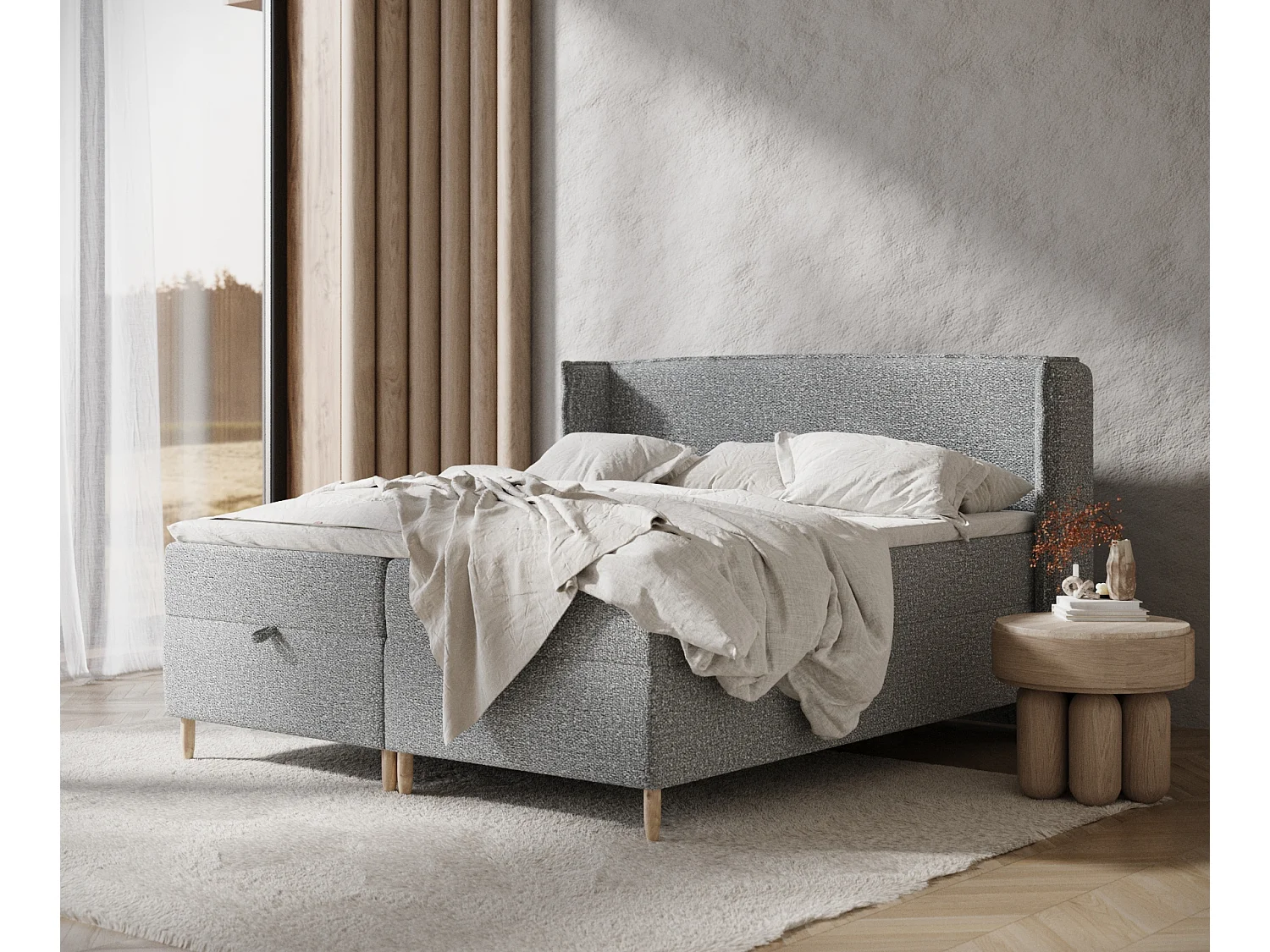 Boxspringbett aus Boucle-Stoff Monpelli - Matratze - Toppermatratze - 200x200 cm - grau