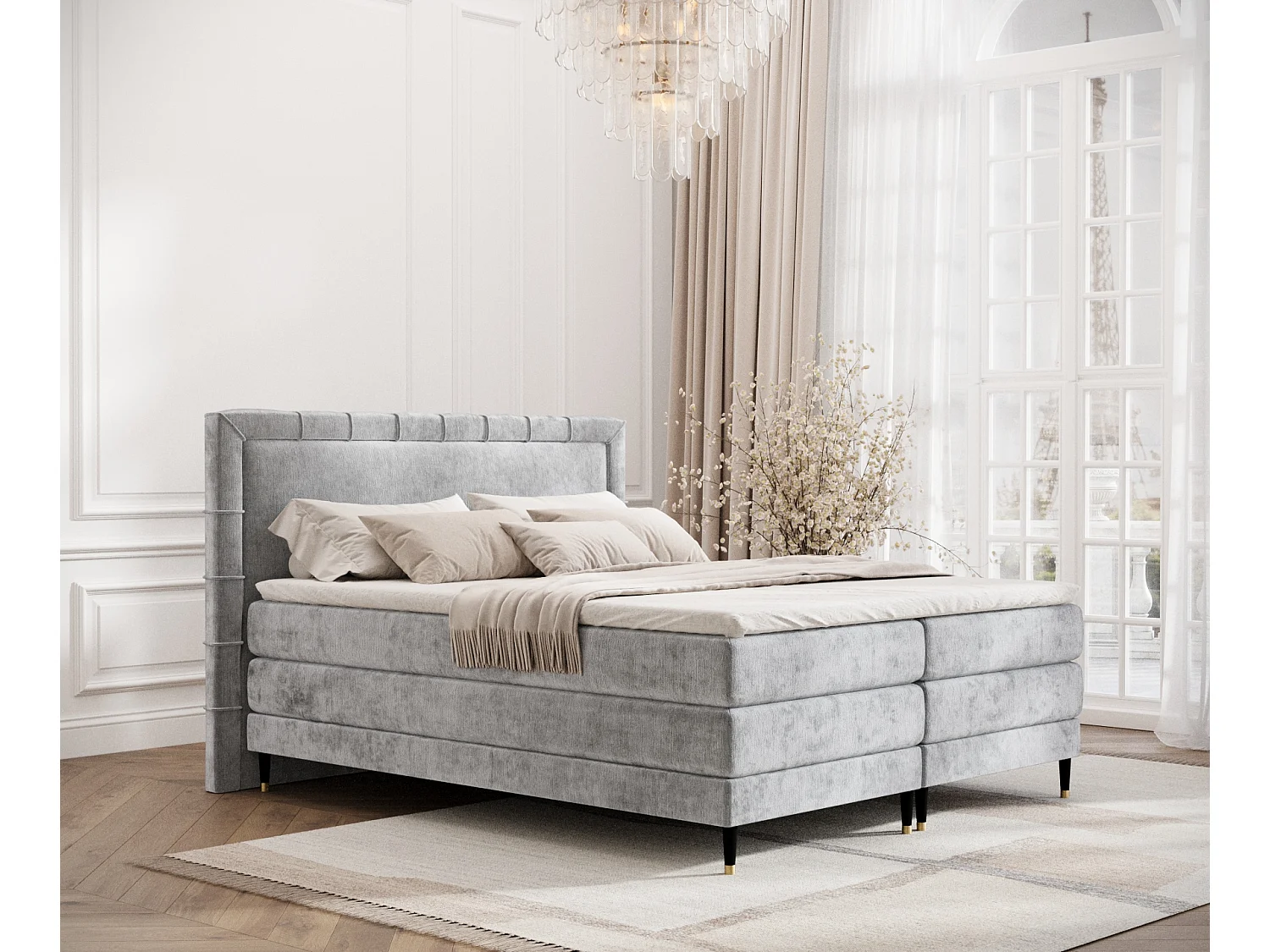 Lit boxspring en tissu chenille Rimini - matelas - surmatelas - 140x200 cm - gris clair