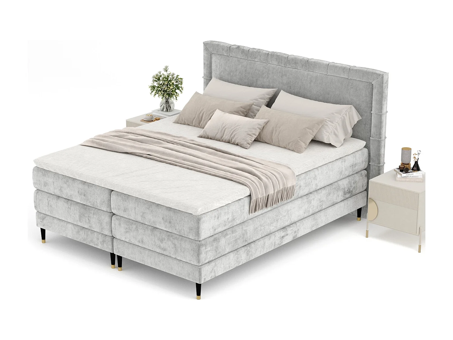 Lit boxspring en tissu chenille Rimini - matelas - surmatelas - 140x200 cm - gris clair