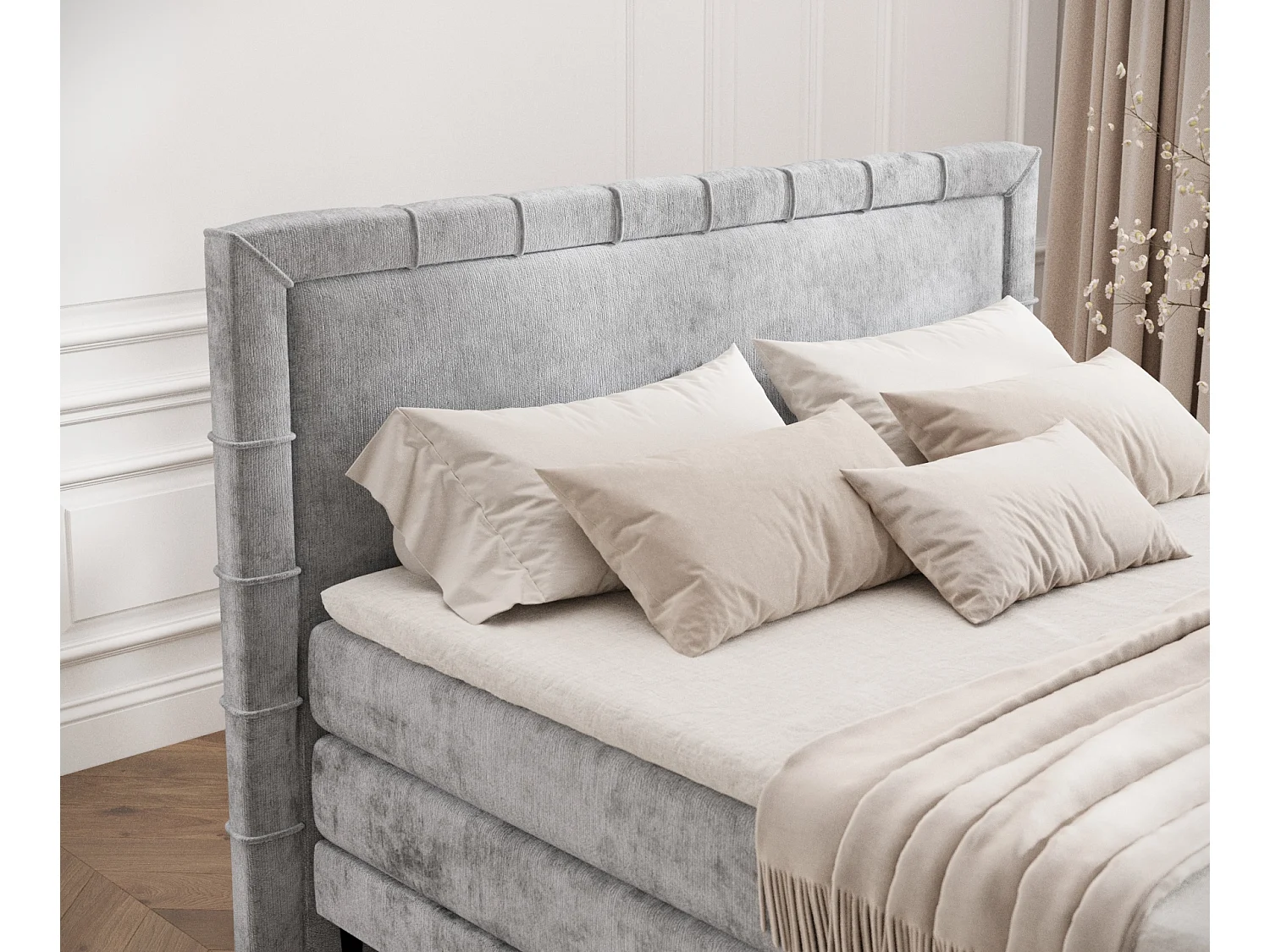 Boxspringbett aus Chenille-Stoff Rimini - Matratze - Toppermatratze - 140x200 cm - hellgrau