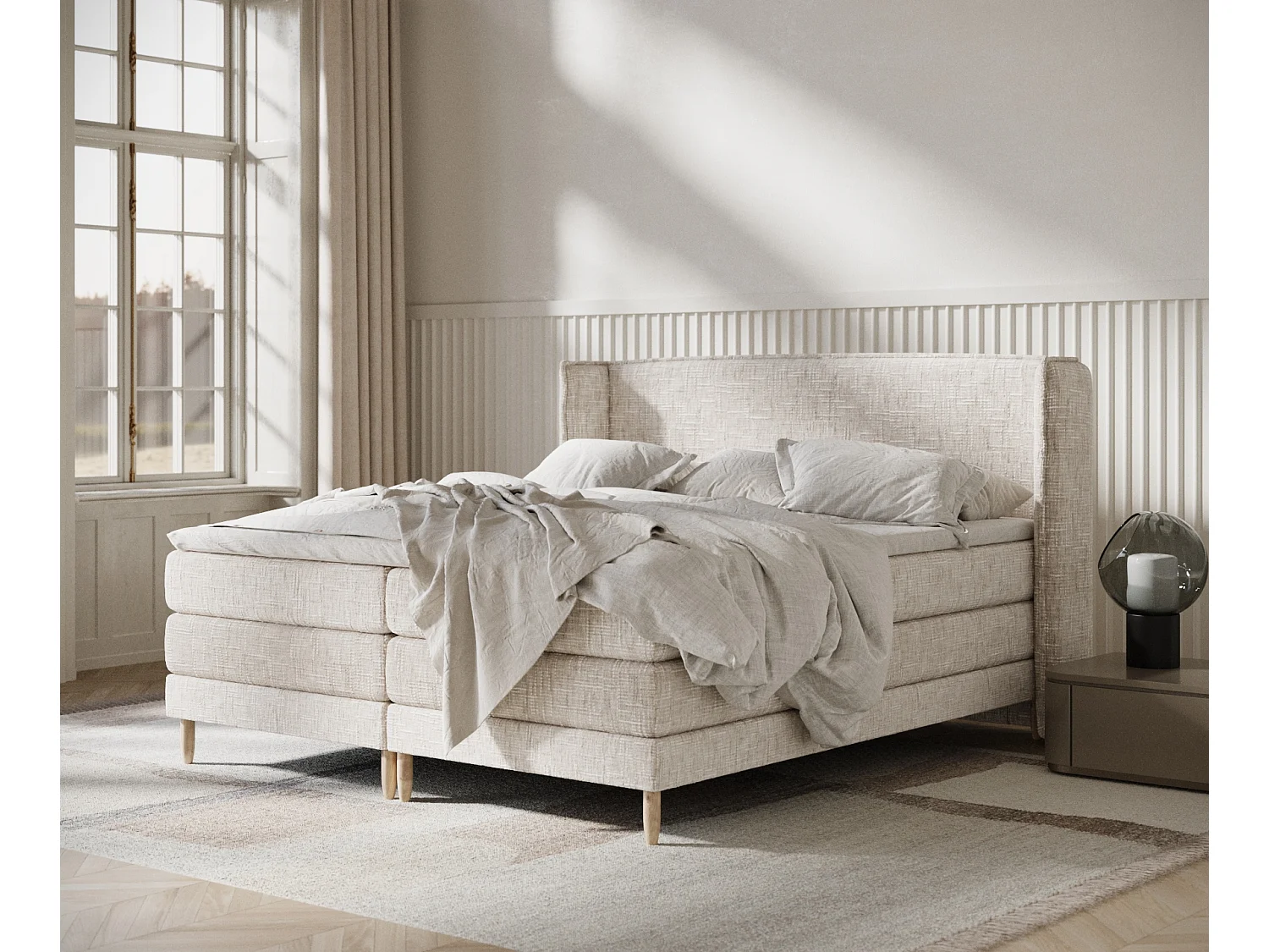 Boxspringbett aus Webstoff Carizzo - Matratze - Toppermatratze - 200x200 cm - creme