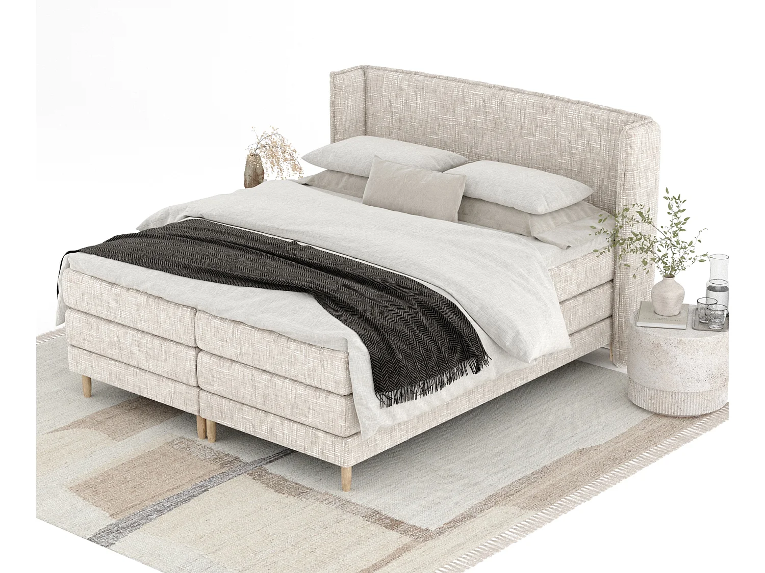 Łóżko boxspring w tkaninie plecionej Carizzo - materac - topper - 200x200 cm - kremowy