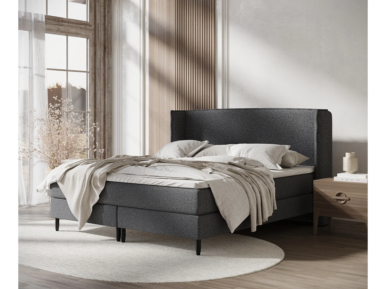 Lit boxspring en toile tissée Ardis - matelas - surmatelas - 180x200 cm - noir