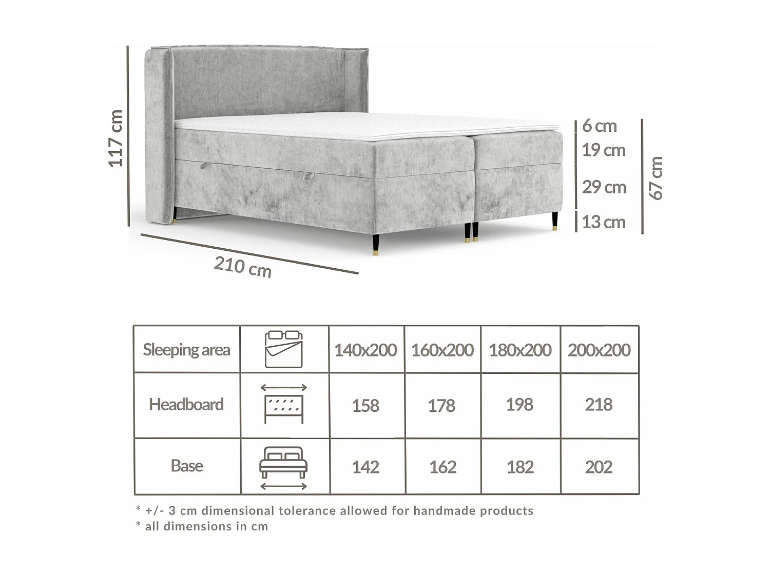 Boxspringbett aus Chenille-Stoff Segni - Matratze - Toppermatratze - 200x200 cm - grau