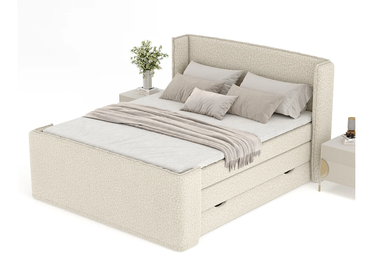 Lit boxspring en tissu bouclette Freeland - matelas - surmatelas - 140x200 cm - beige