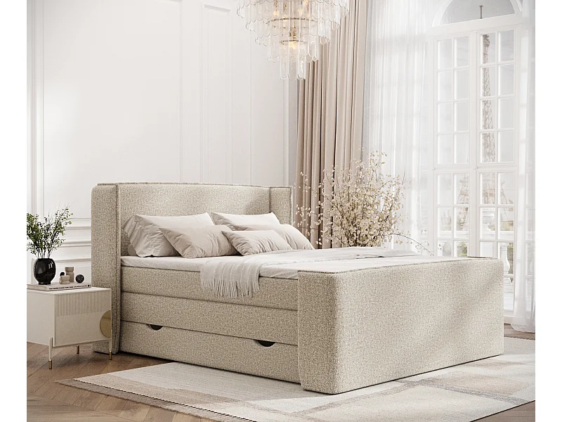 Boxspringbett aus Boucle-Stoff Freeland - Matratze - Toppermatratze - 140x200 cm - beige