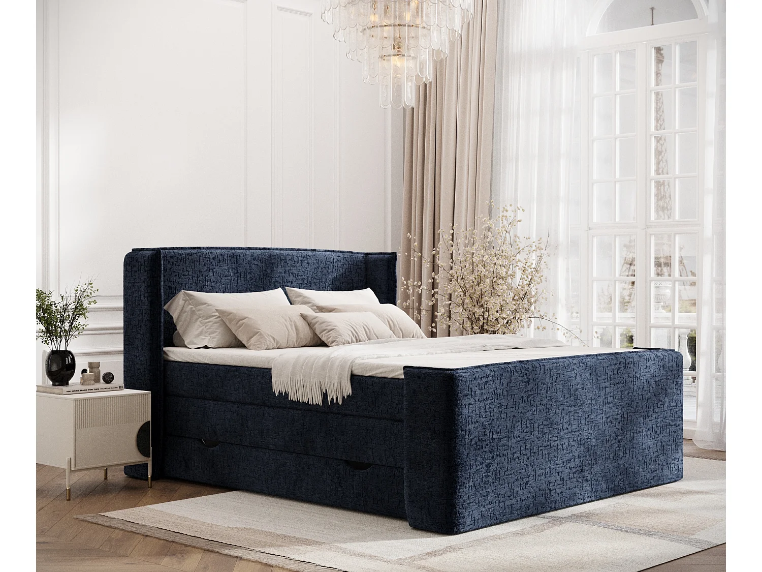 Boxspringbett aus Chenille-Stoff Freeland - Matratze - Toppermatratze - 140x200 cm - marineblau
