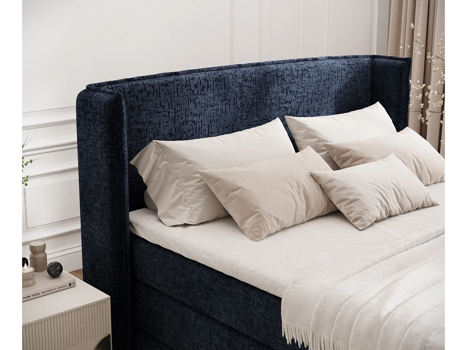 Boxspringbett aus Chenille-Stoff Freeland - Matratze - Toppermatratze - 140x200 cm - marineblau