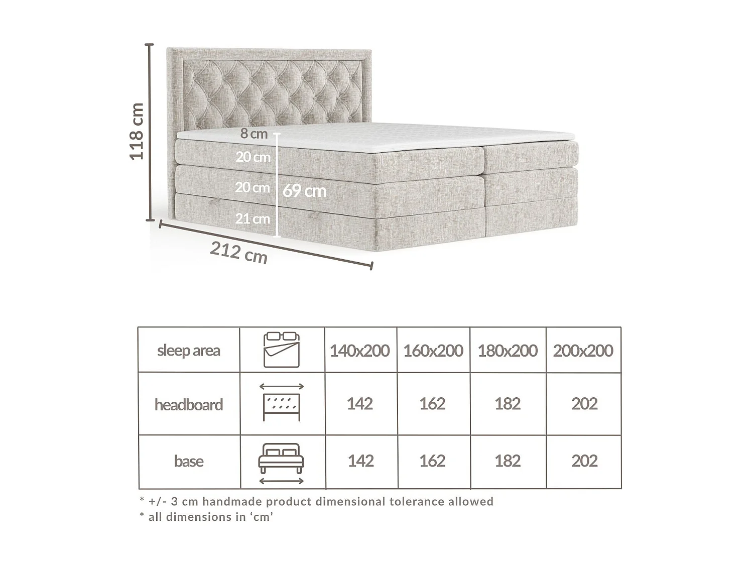 Lit boxspring en tissu chenille Aurelia - matelas - surmatelas - 140x200 cm - beige