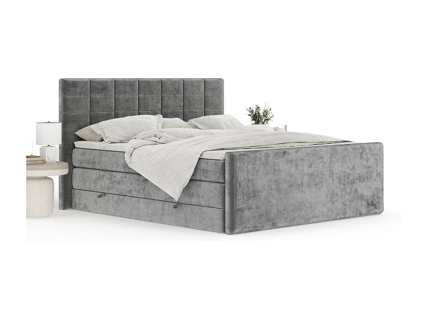 Boxspringbett aus Chenille-Stoff Ava - Matratze - Toppermatratze - 140x200 cm - grau