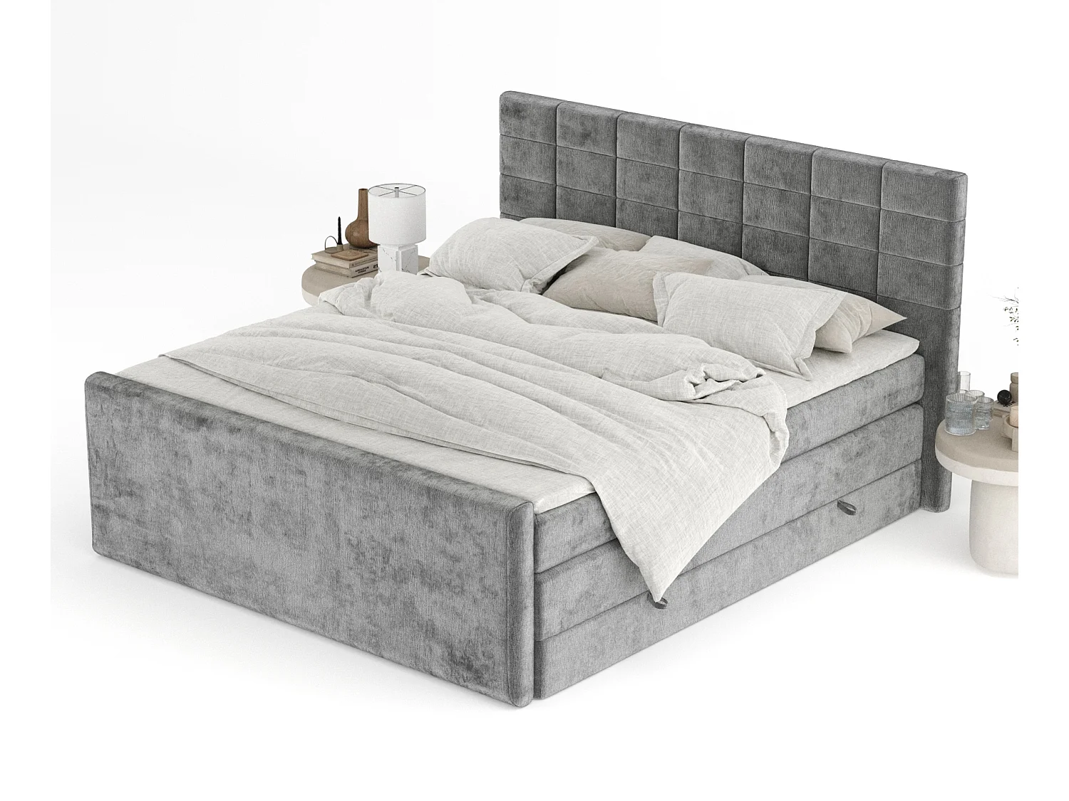 Boxspringbett aus Chenille-Stoff Ava - Matratze - Toppermatratze - 140x200 cm - grau