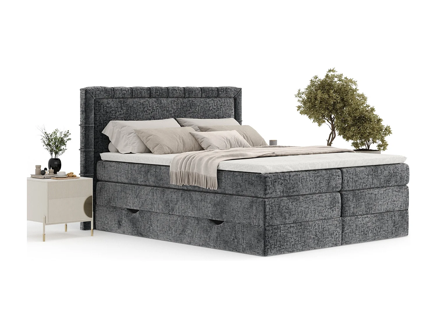Lit boxspring en tissu chenille Rosabel - matelas - surmatelas - 160x200 cm - anthracite