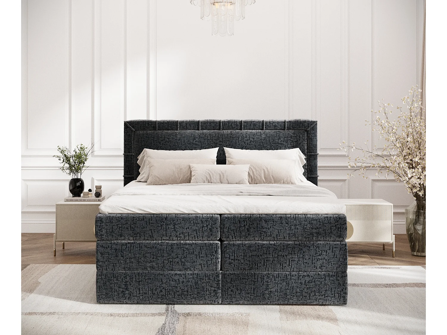 Lit boxspring en tissu chenille Rosabel - matelas - surmatelas - 160x200 cm - anthracite