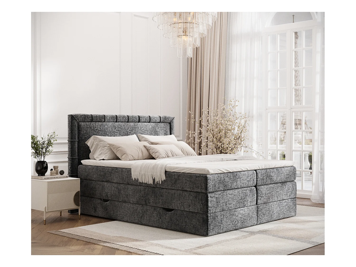 Lit boxspring en tissu chenille Rosabel - matelas - surmatelas - 160x200 cm - anthracite