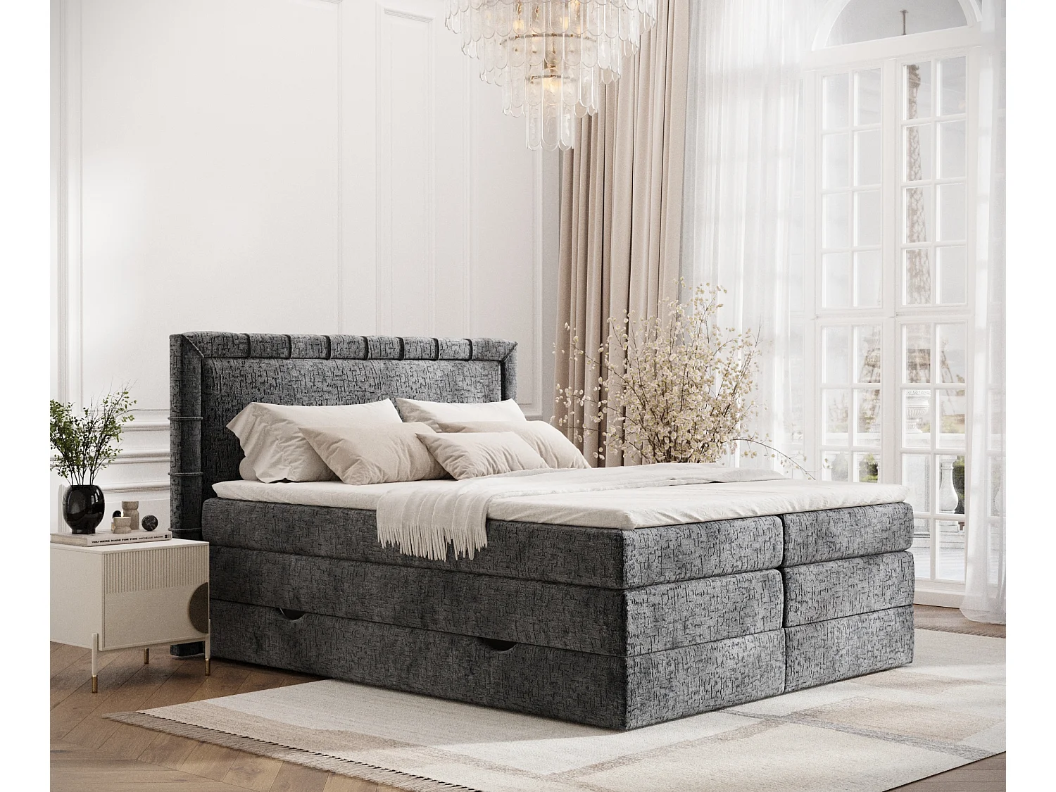 Boxspringbett aus Chenille-Stoff Rosabel - Matratze - Toppermatratze - 160x200 cm - anthrazit
