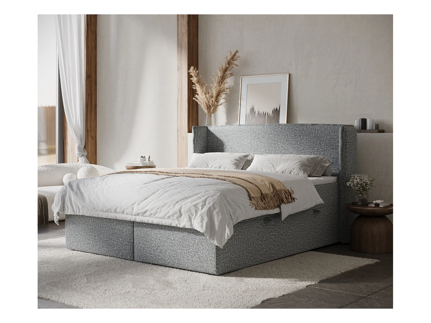 Lit boxspring en tissu bouclette Skyline - matelas - surmatelas - 140x200 cm - gris