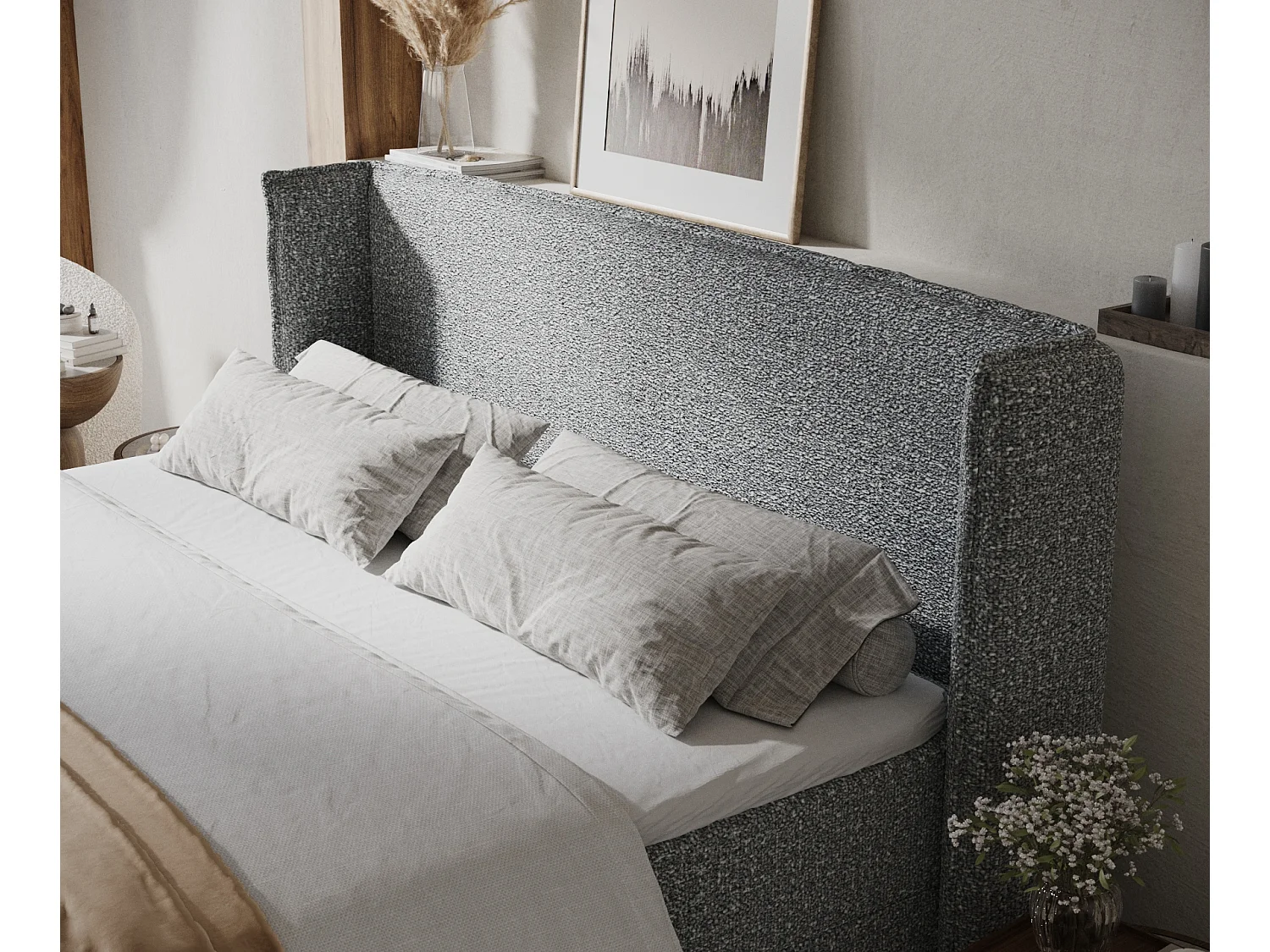 Boxspringbett aus Boucle-Stoff Skyline - Matratze - Toppermatratze - 140x200 cm - grau