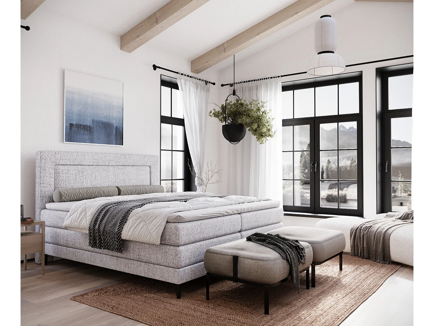 Lit boxspring en toile tissée Madame - matelas - surmatelas - 200x200 cm - gris clair