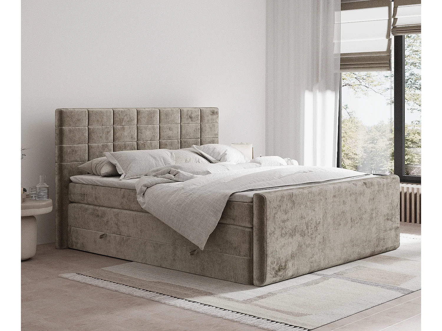 Boxspringbett aus Chenille-Stoff Ava - Matratze - Toppermatratze - 160x200 cm - beige