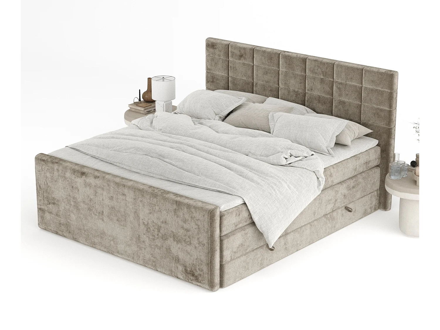 Boxspringbett aus Chenille-Stoff Ava - Matratze - Toppermatratze - 160x200 cm - beige