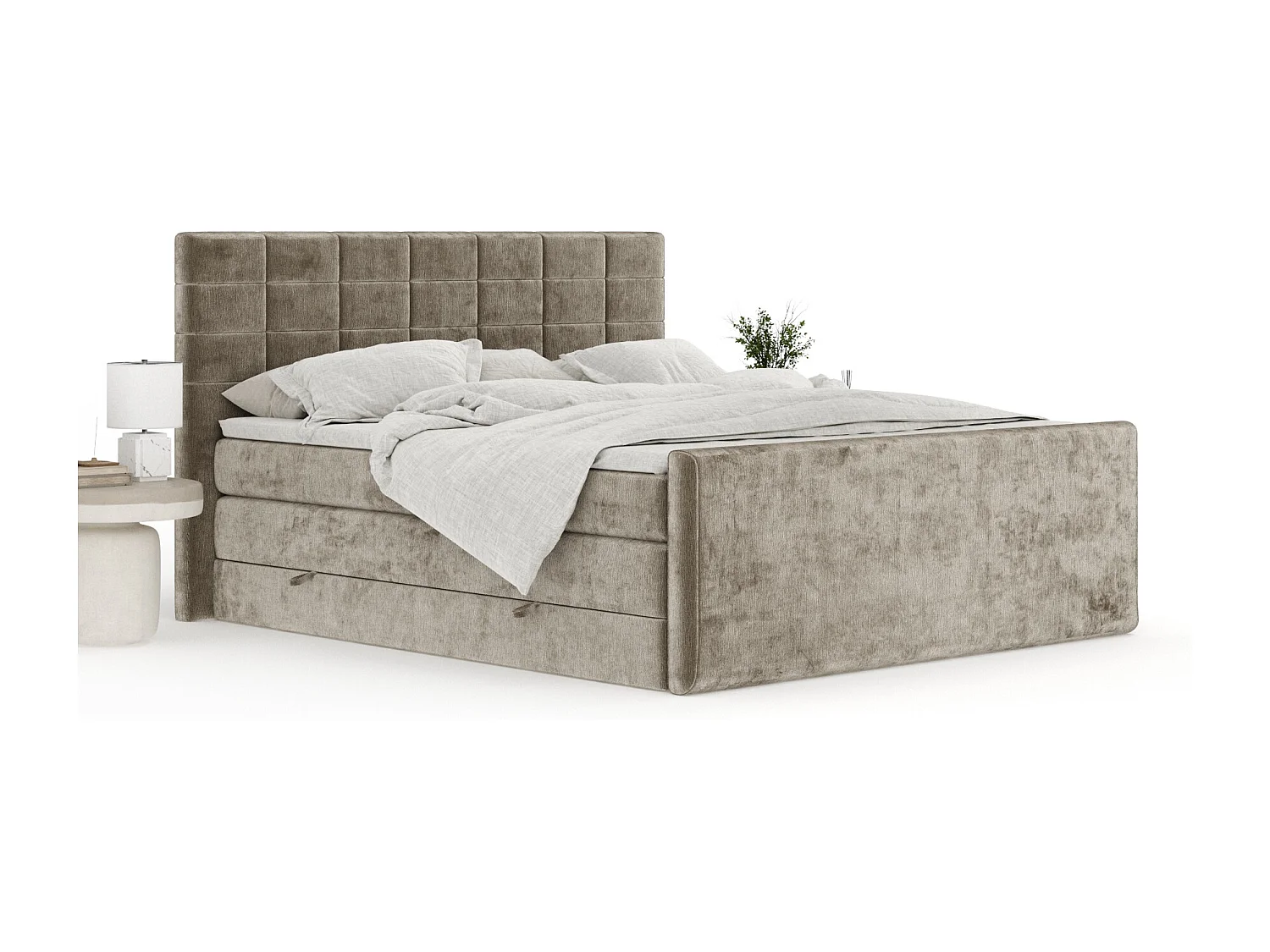 Boxspringbett aus Chenille-Stoff Ava - Matratze - Toppermatratze - 160x200 cm - beige