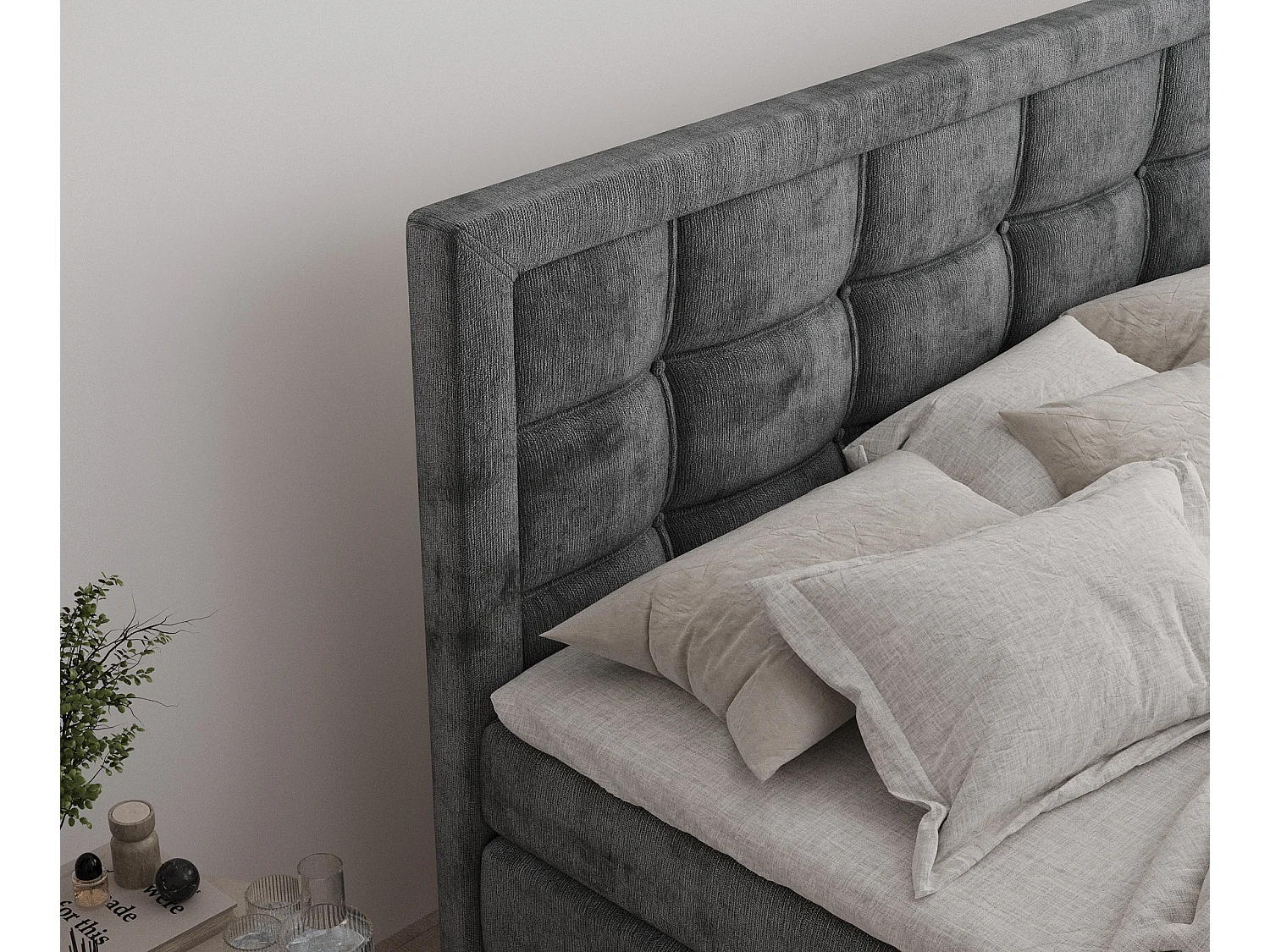 Lit boxspring en tissu chenille Ambrosia - matelas - surmatelas - 180x200 cm - gris foncé