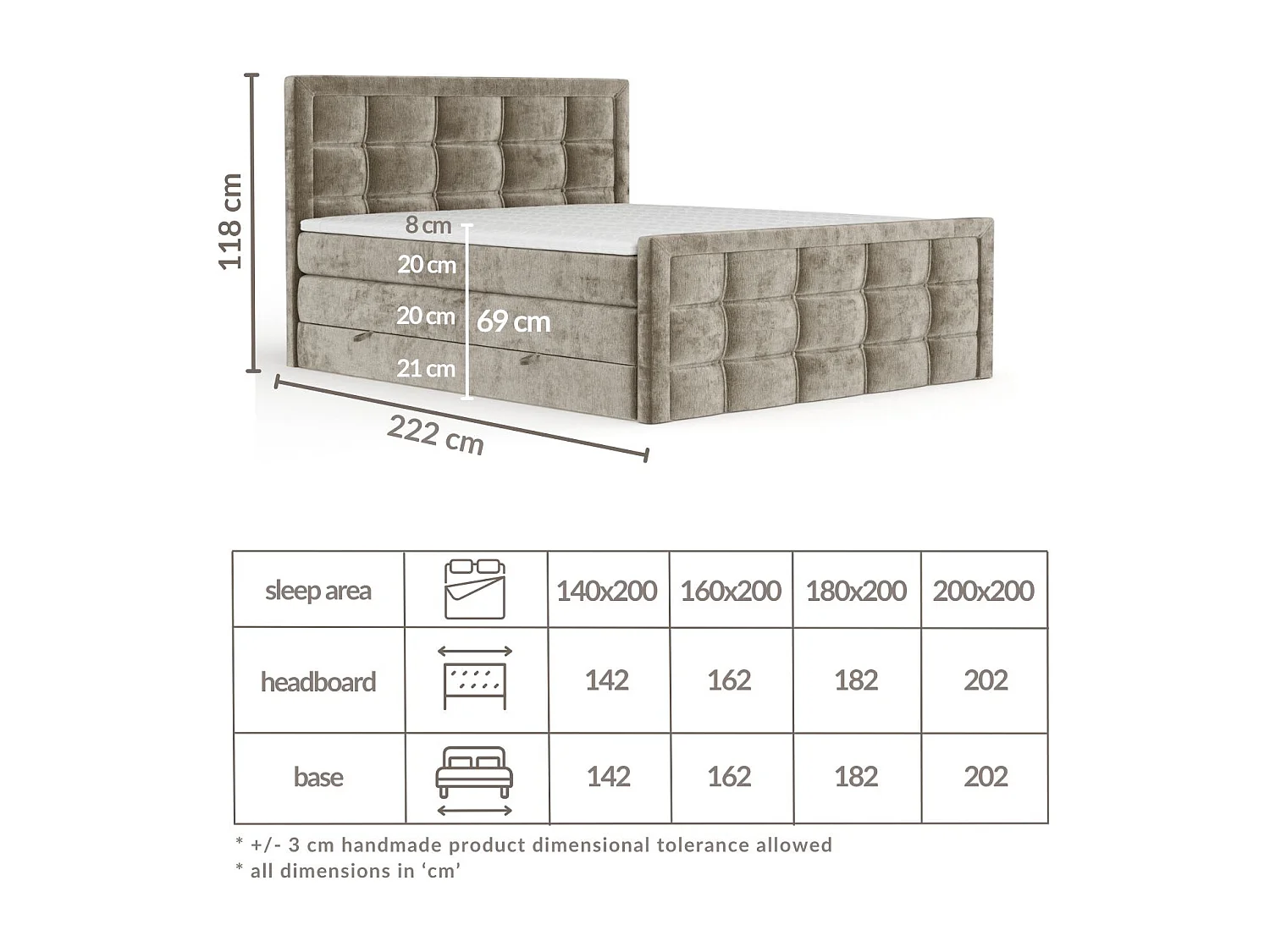 Lit boxspring en tissu chenille Ambrosia - matelas - surmatelas - 180x200 cm - gris foncé