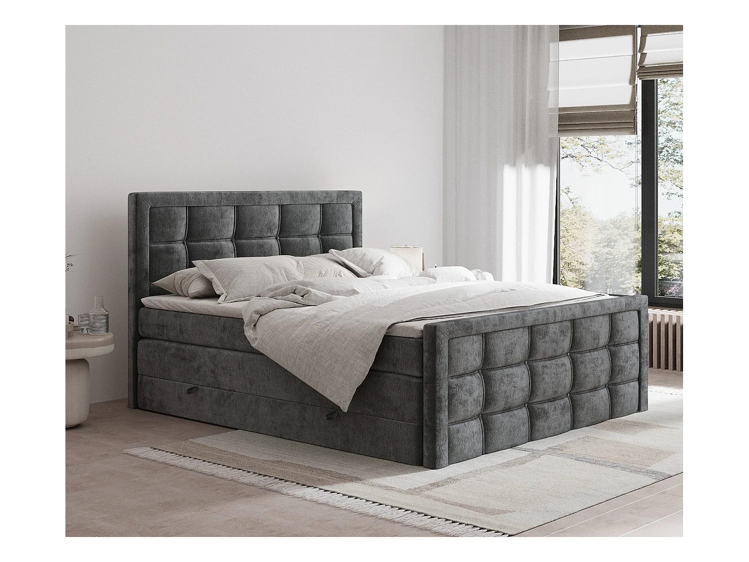 Lit boxspring en tissu chenille Ambrosia - matelas - surmatelas - 180x200 cm - gris foncé