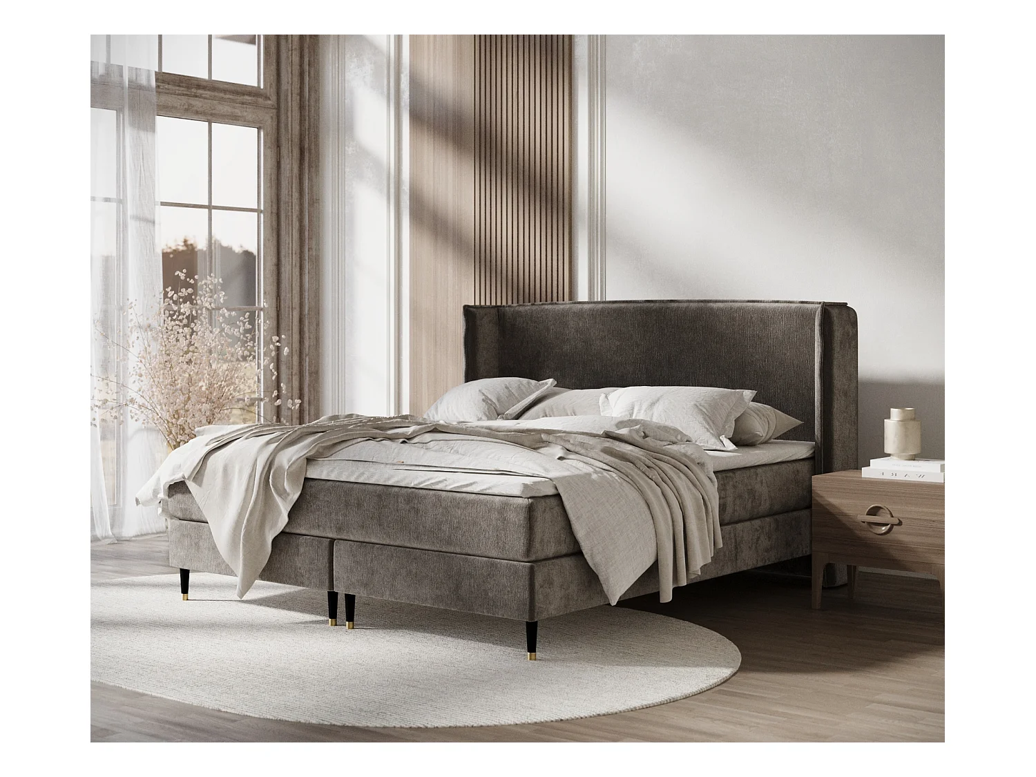 Lit boxspring en tissu chenille Ardis - matelas - surmatelas - 140x200 cm - brun