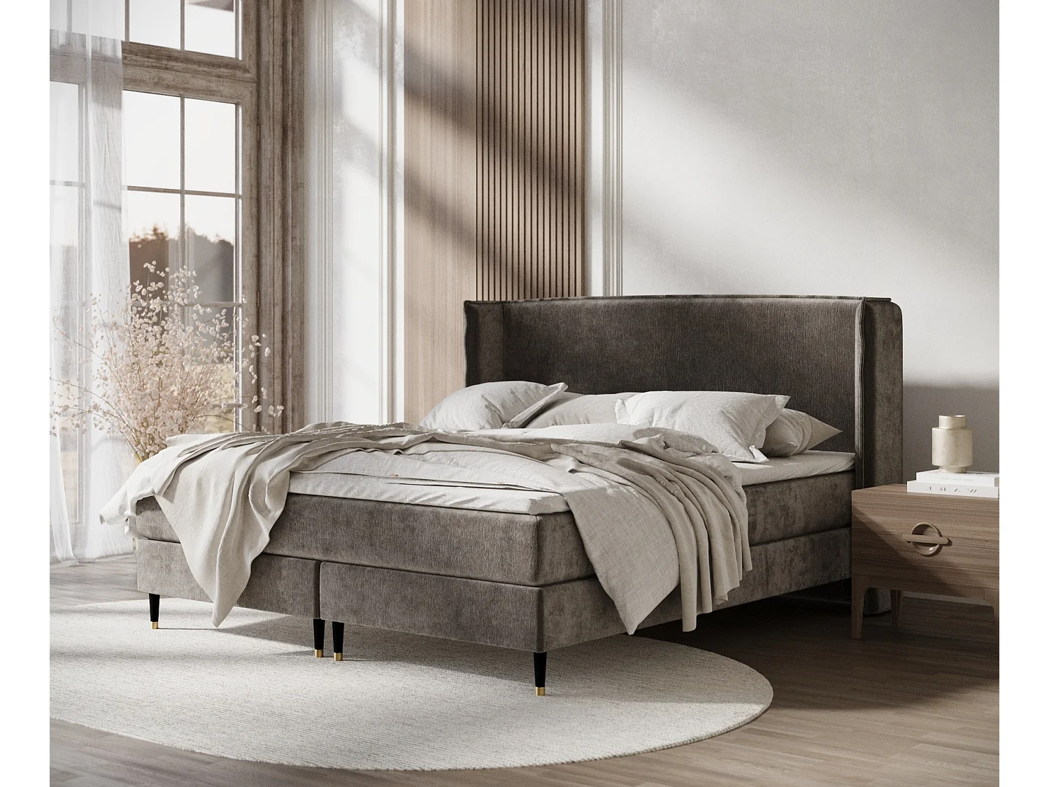 Lit boxspring en tissu chenille Ardis - matelas - surmatelas - 140x200 cm - brun