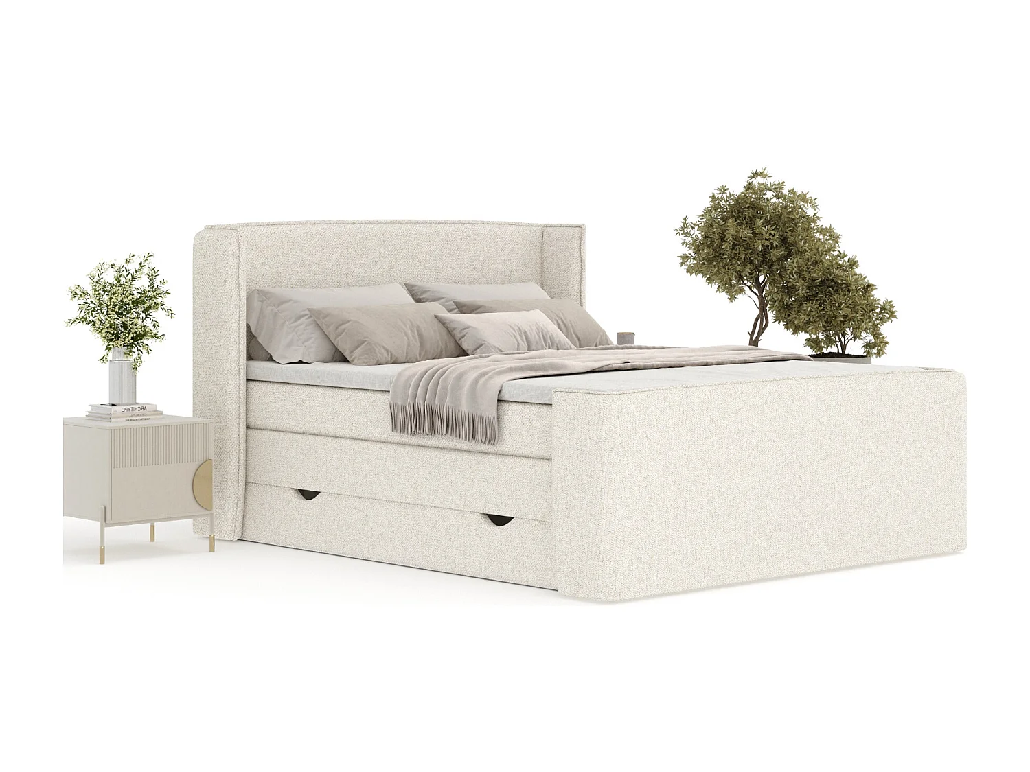Lit boxspring en tissu bouclette Freeland - matelas - surmatelas - 140x200 cm - creme