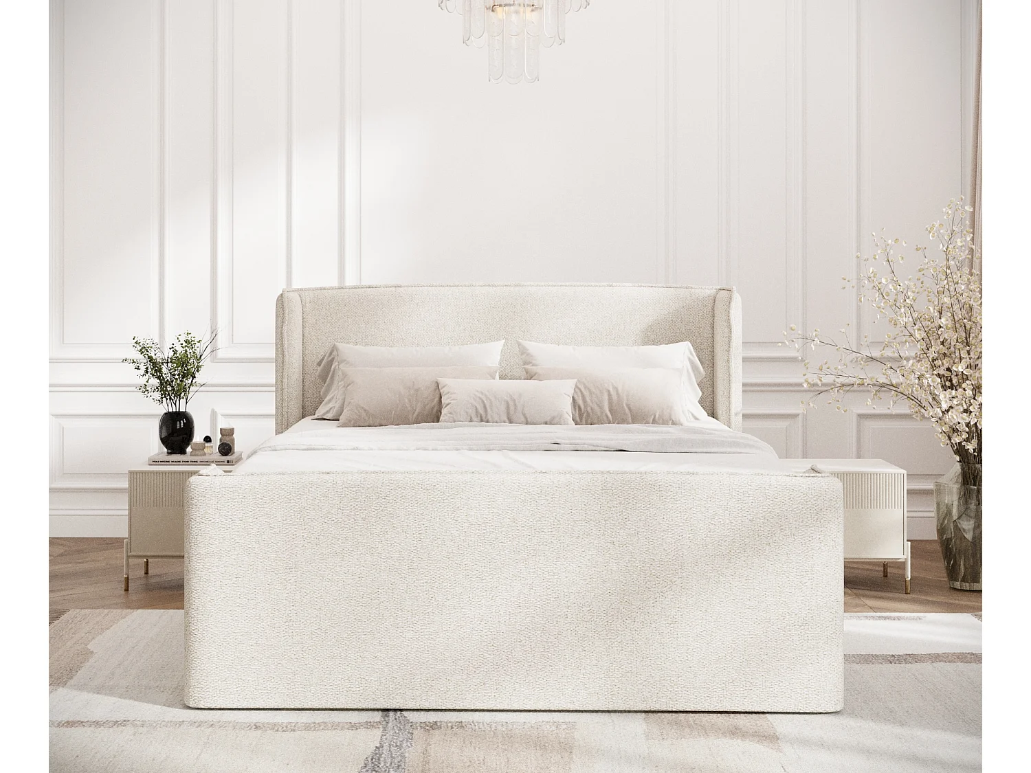 Boxspringbett aus Boucle-Stoff Freeland - Matratze - Toppermatratze - 140x200 cm - creme