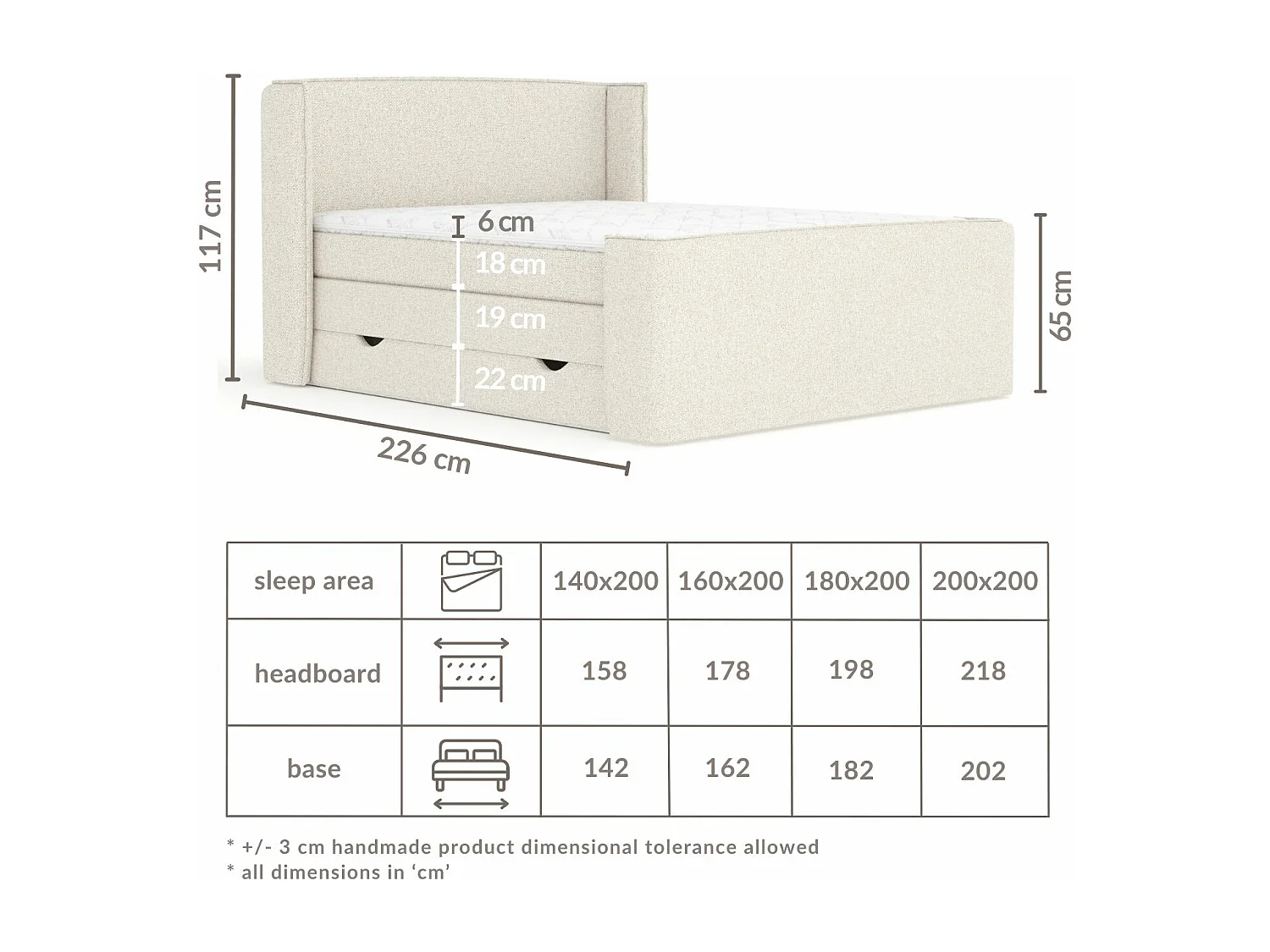 Boxspringbett aus Boucle-Stoff Freeland - Matratze - Toppermatratze - 140x200 cm - creme