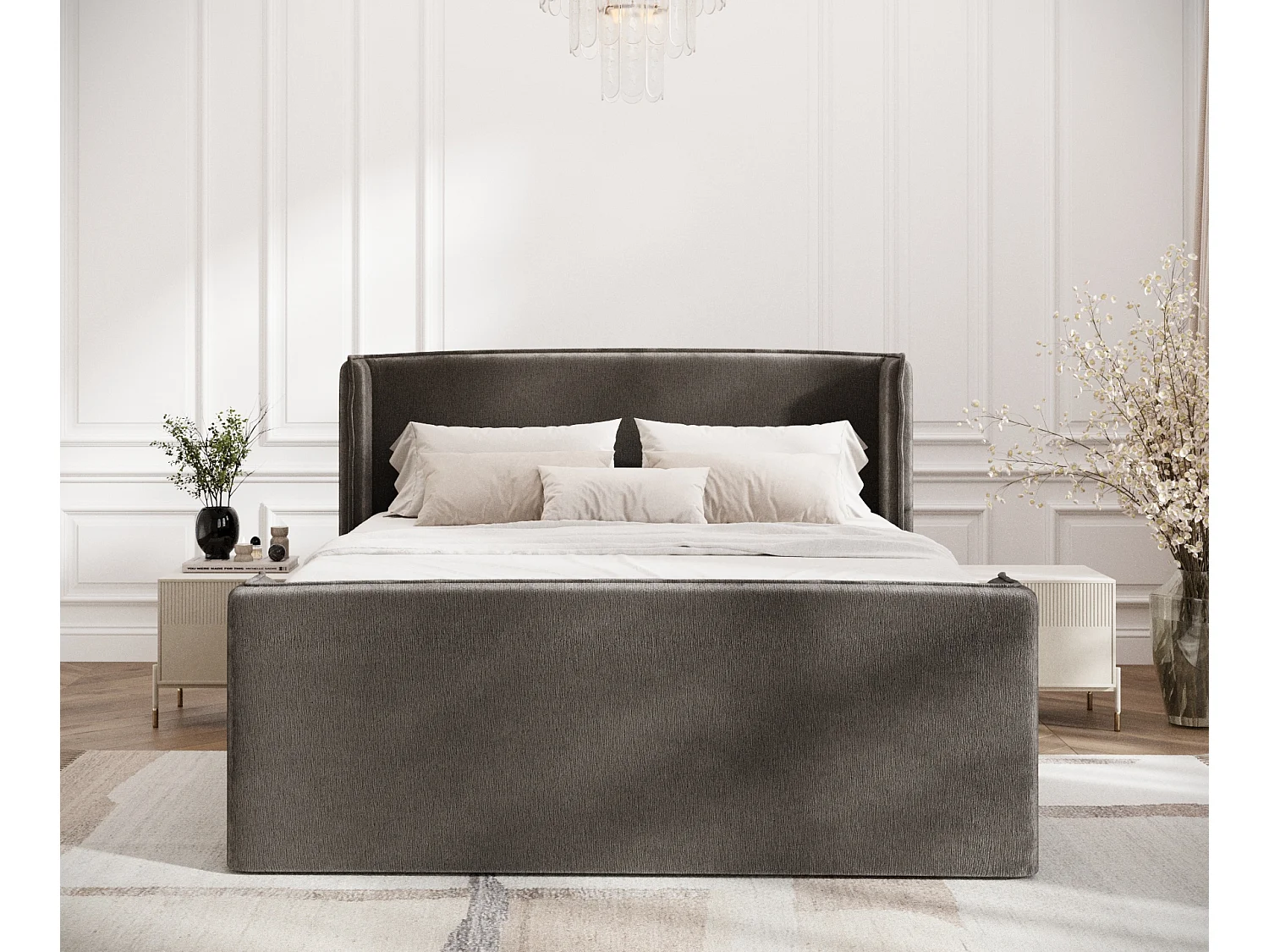 Boxspringbett aus Chenille-Stoff Freeland - Matratze - Toppermatratze - 200x200 cm - braun