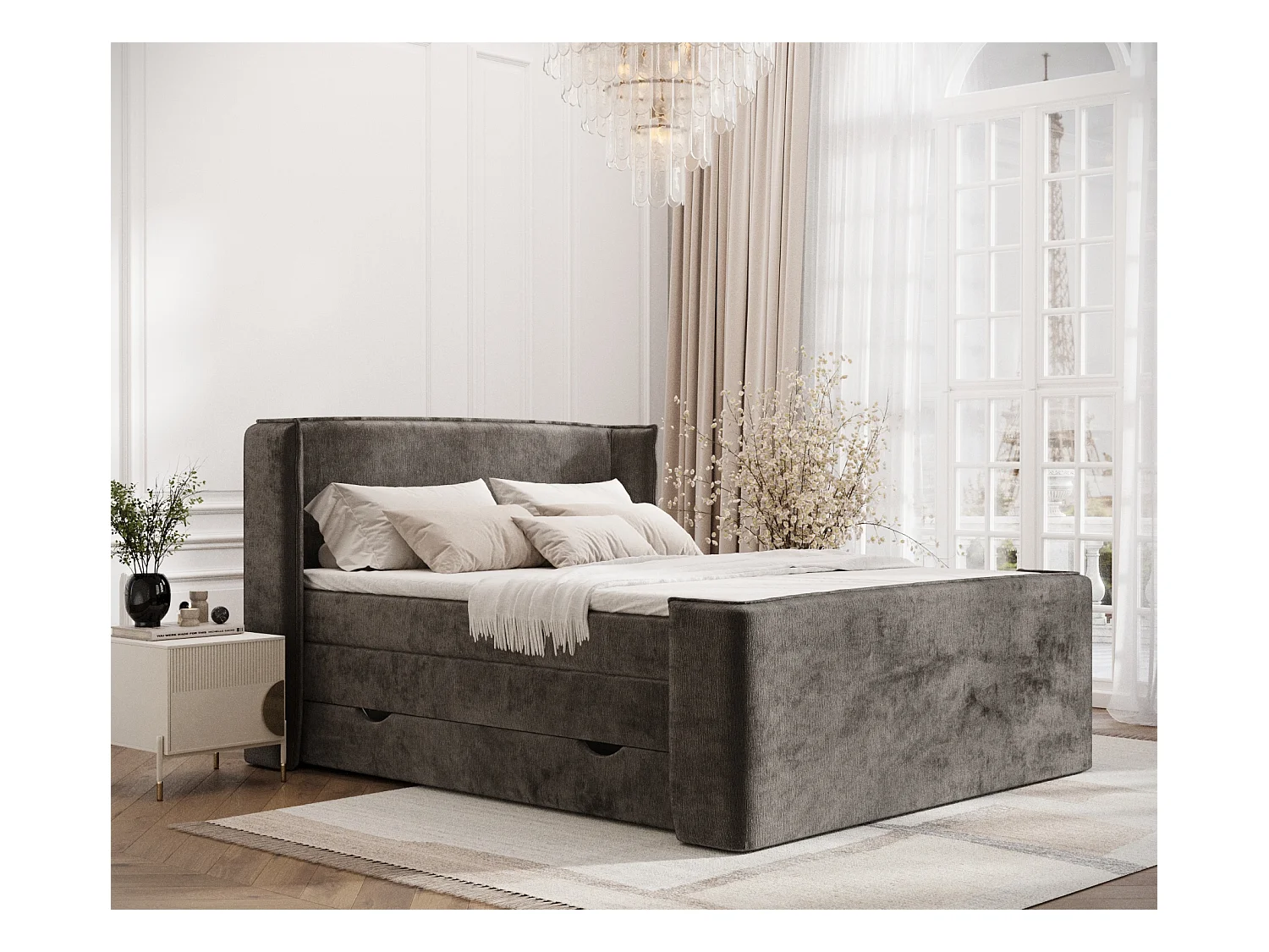 Lit boxspring en tissu chenille Freeland - matelas - surmatelas - 200x200 cm - brun