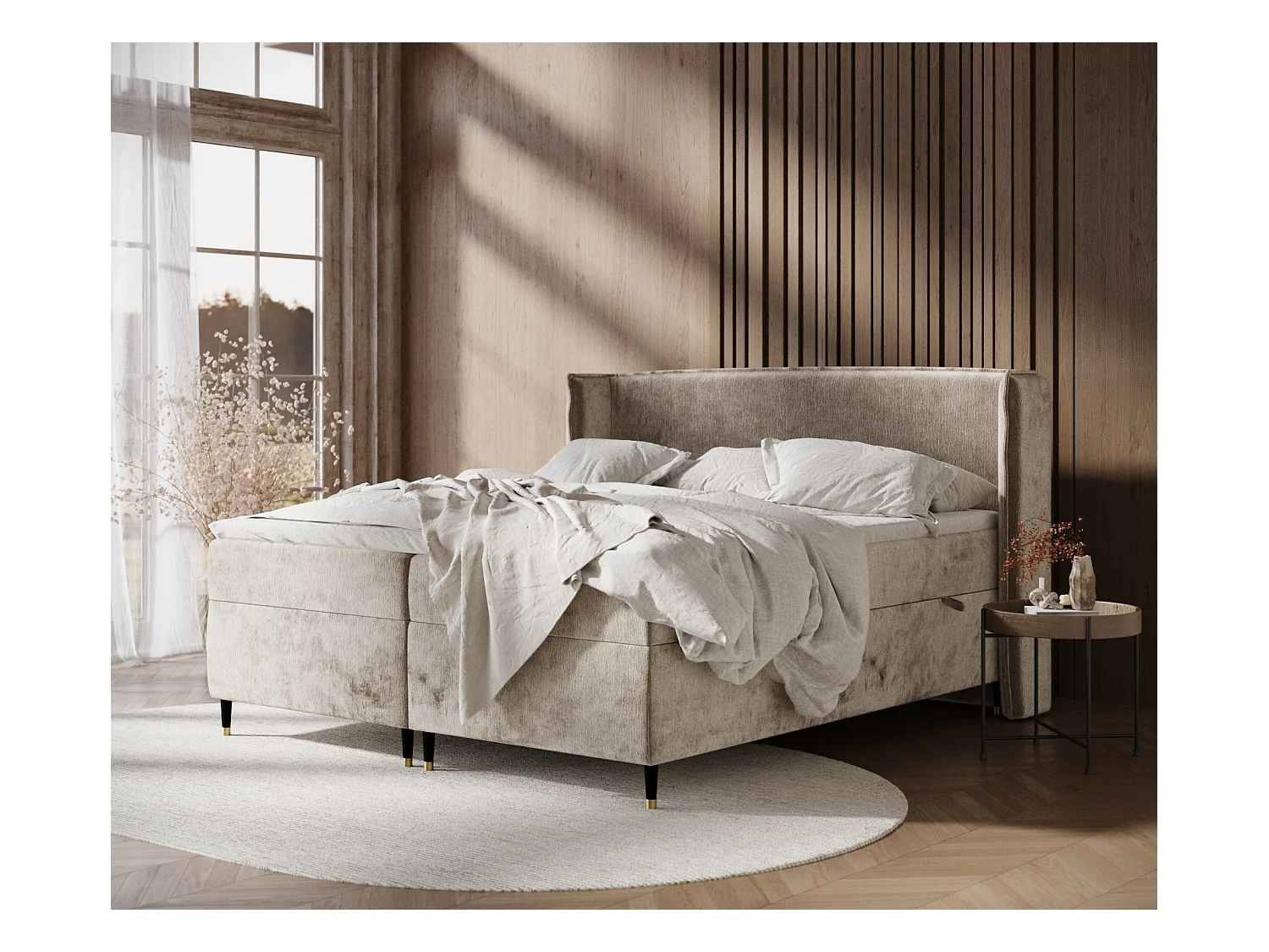 Lit boxspring en tissu chenille Segni - matelas - surmatelas - 160x200 cm - beige
