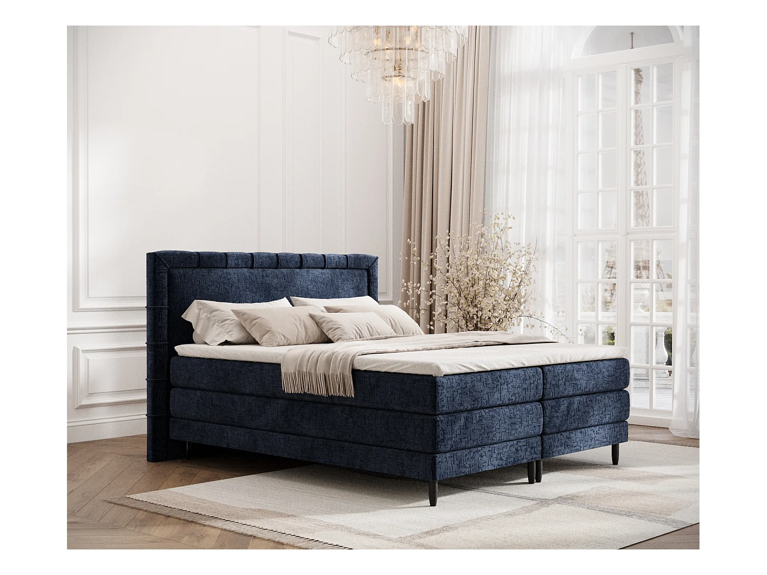 Lit boxspring en tissu chenille Rimini - matelas - surmatelas - 160x200 cm - bleu marine