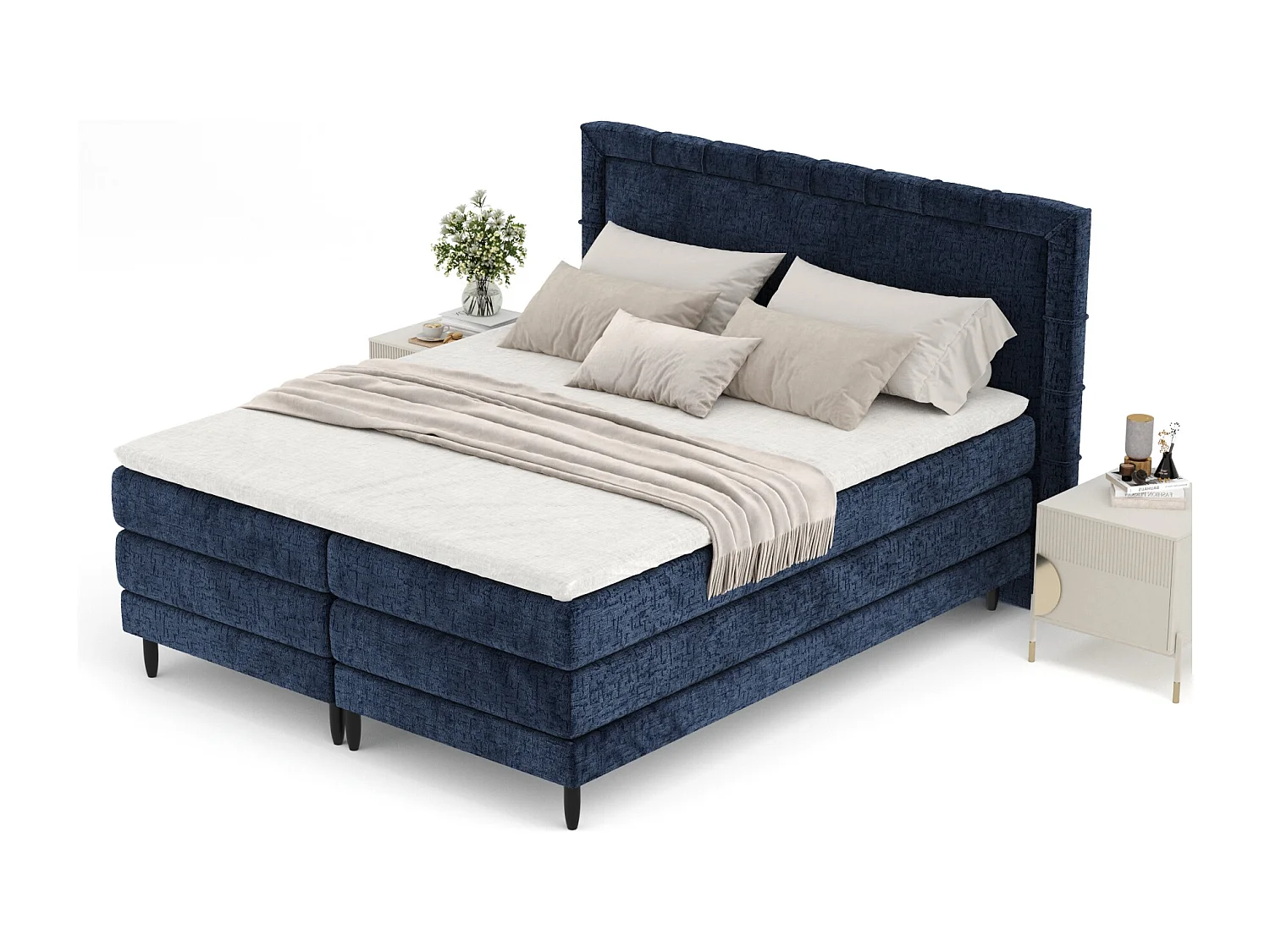 Boxspringbett aus Chenille-Stoff Rimini - materac - topper - 160x200 cm - marineblau