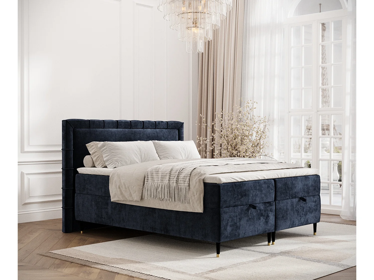 Boxspringbett aus Chenille-Stoff Voyage - Matratze - Toppermatratze - 160x200 cm - marineblau