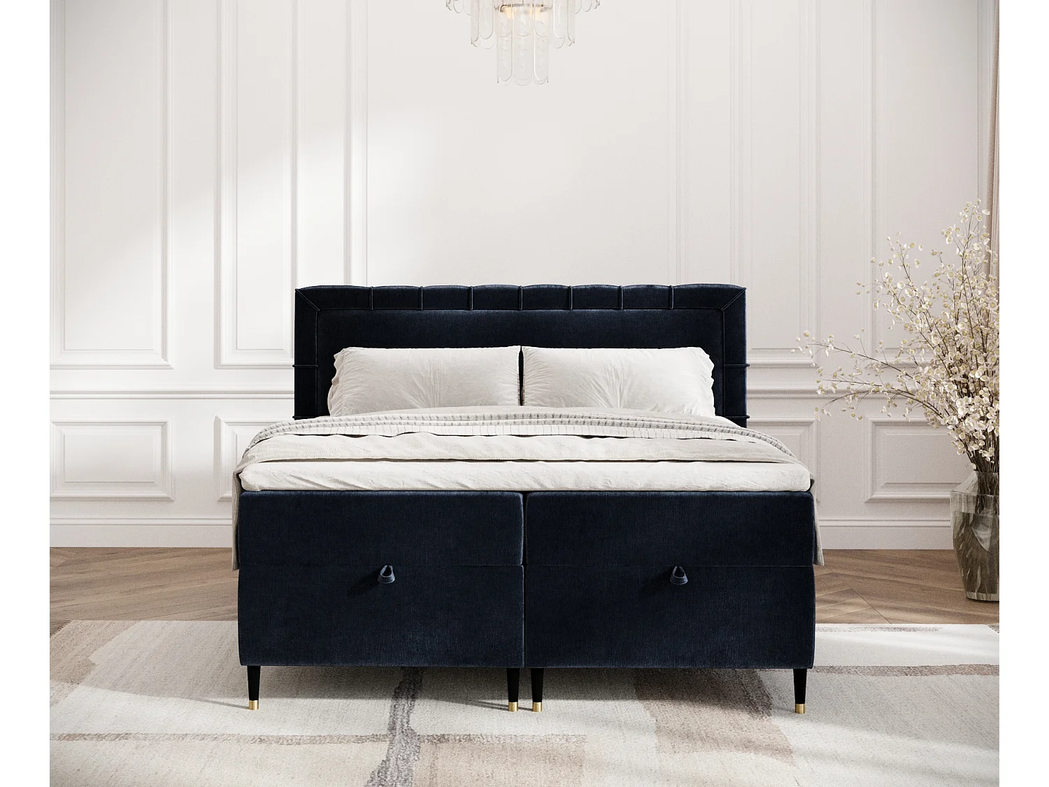 Boxspringbett aus Chenille-Stoff Voyage - Matratze - Toppermatratze - 160x200 cm - marineblau