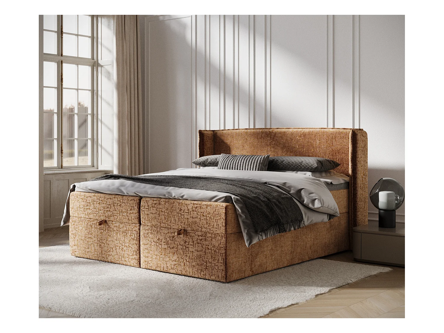 Lit boxspring en tissu chenille Passion - matelas - surmatelas - 200x200 cm - couleur cuivre