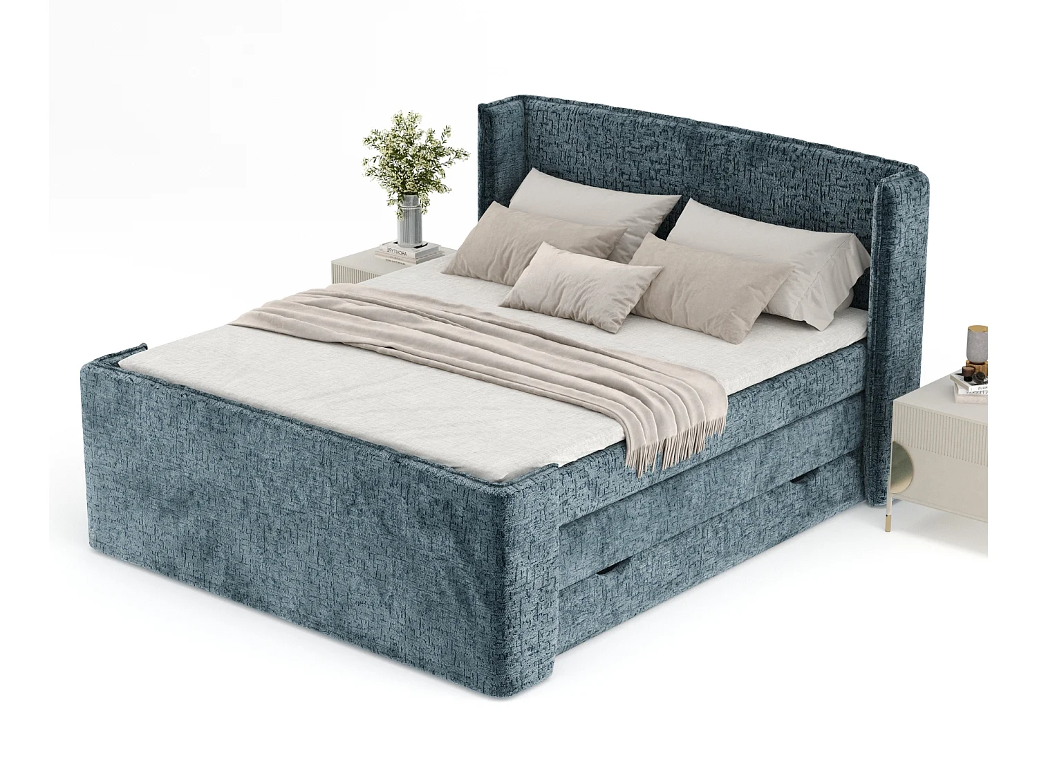 Lit boxspring en tissu chenille Freeland - matelas - surmatelas - 180x200 cm - bleu