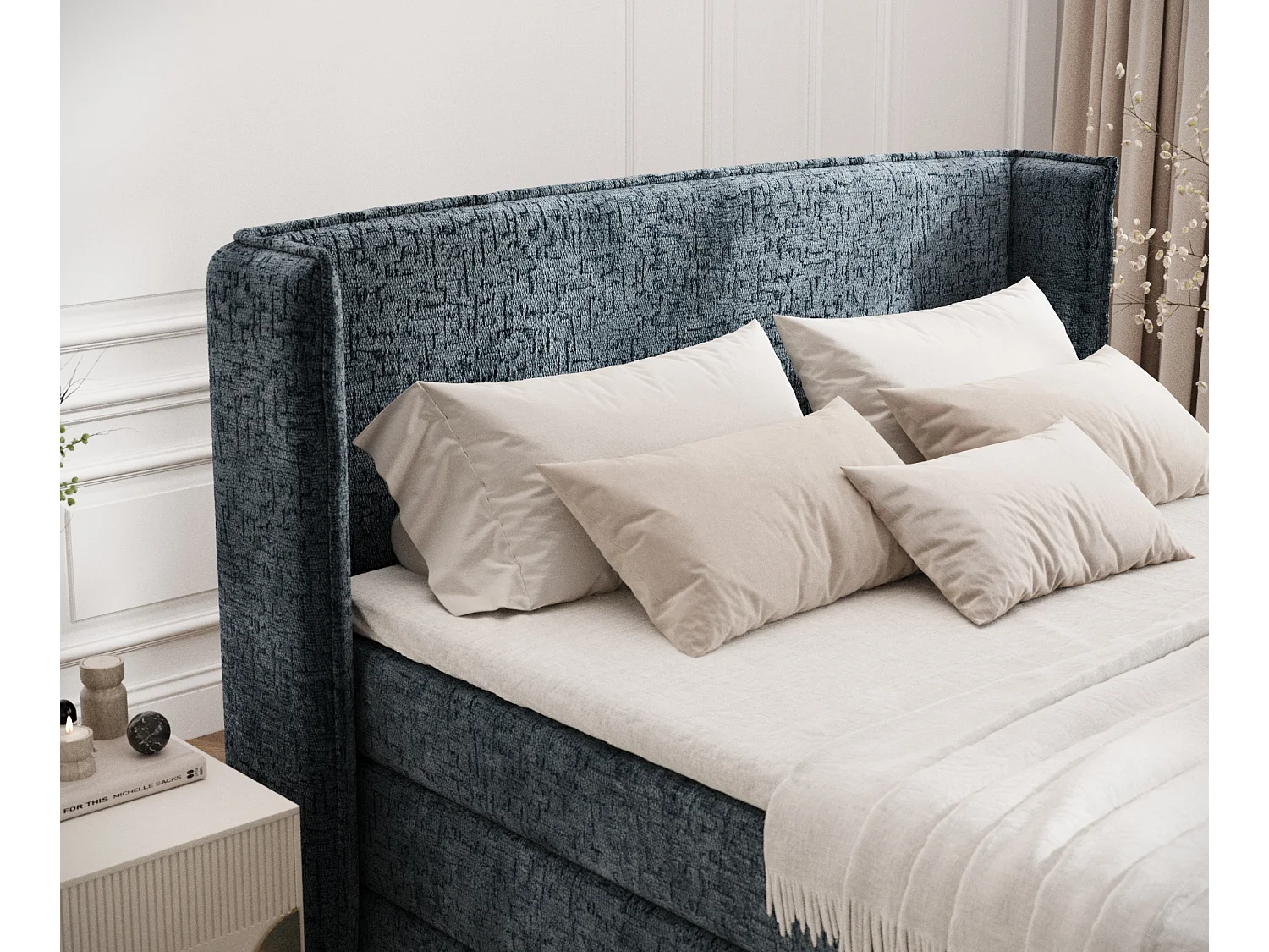 Boxspringbett aus Chenille-Stoff Freeland - Matratze - Toppermatratze - 180x200 cm - blau