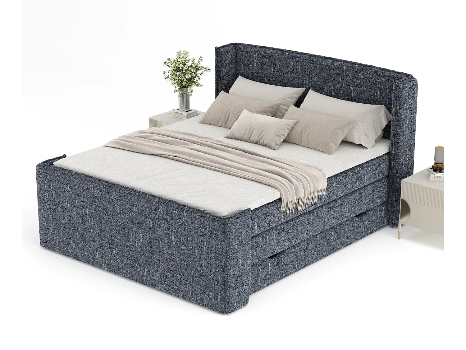 Boxspringbett aus Webstoff Freeland - Matratze - Toppermatratze - 160x200 cm - marineblau