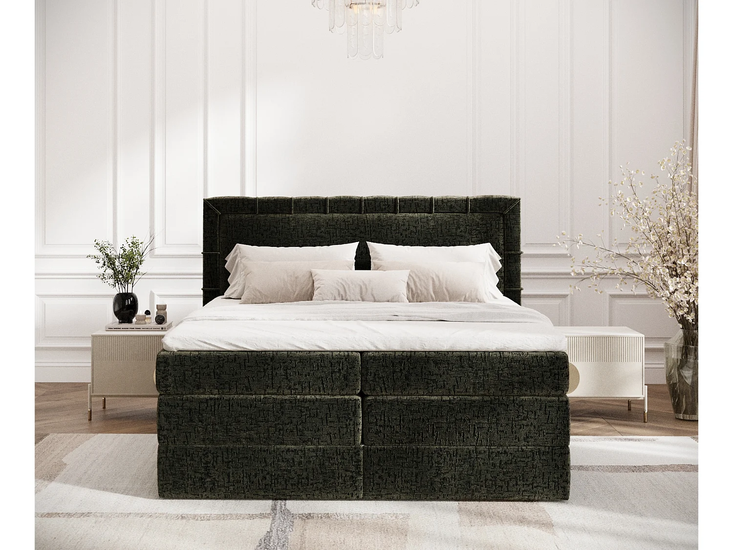 Boxspringbett aus Chenille-Stoff Rosabel - Matratze - Toppermatratze - 160x200 cm - olivenfarbe