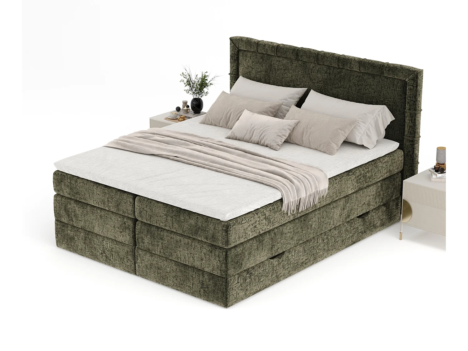 Boxspringbett aus Chenille-Stoff Rosabel - Matratze - Toppermatratze - 160x200 cm - olivenfarbe